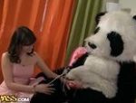 Junge Märchenfee bringt einen Panda zum Leben und saugt an ihm